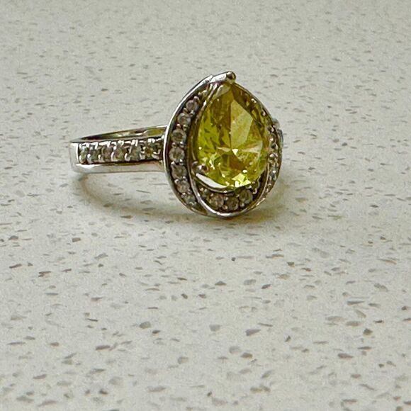 Silver Ring with Green Pear Cut Gem and Halo - Picture 2 of 7